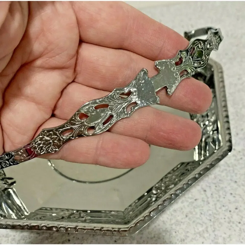 Vintage candy dish ornate pierced chrome basket retro green glass section dish